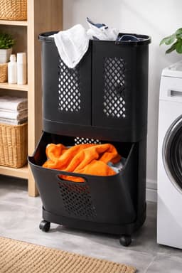 Eleganca Wasmand 3 vakken – XL Formaat 95 Liter – Wassorteerder– D31 x B45 x H90 cm – Afneembare manden – Wasmand op Wielen – Kunststof – Ruimtebesparend – Zwart — thumbnail 3