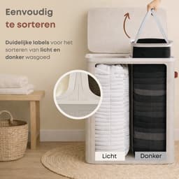 ACAZA Wasmand Met Deksel - 2 Vakken - 170 L - 56 x 40 x 75 cm - Beige — thumbnail 5