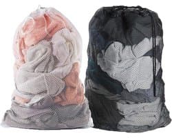 Grote waszakken - Set van 2 stuks, 60 x 90 cm - Herbruikbare waszaktas met trekkoord voor kleding en sokken (wit/zwart)