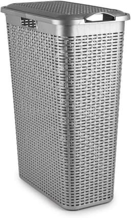 Plasticforte Smalle Wasmand met deksel Rotan - zilvergrijs - gevlochten kunststof - 48 liter - 27 x 46 x 60 cm — thumbnail 1