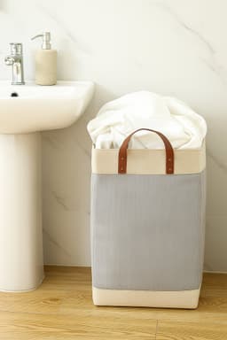 NOVARTA, Opvouwbare wasmand van jute stof met lederen handvat, opbergmand, Laundry basket - Wasbox — thumbnail 4