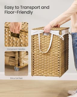SONGMICS Wasmand 200 L, Kunststof Rattan Opbergmand met Deksel en Handgrepen, Wicker-look, Opvouwbaar, Uitneembare Voering, voor Dekens of Kleding in Woonkamer of Wasruimte – Naturel – Model LCB320Y01 — thumbnail 5