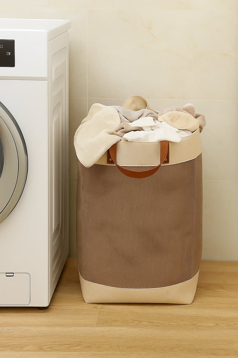 NOVARTA, Opvouwbare wasmand van jute stof met lederen handvat, opbergmand, Laundry basket - Wasbox — afbeelding 1