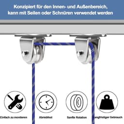 Allecto Plus - Metalen katrollen set met duplex-lagers - 2 stuks - Kabelrol voor waslijn en fitness - Inclusief schroeven en kunststof hulzen — thumbnail 4