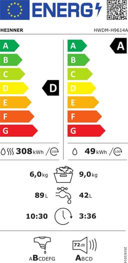 Heinner HWDM-H9614A Was-droogcombinatie - 9 kg Wasmachine / 6 kg Droger - 1400 tpm - Energieklasse A/D - Stoomfunctie - Anti-Allergie Programma - Inverter Motor - LED Display - 5 Jaar Garantie — thumbnail 2