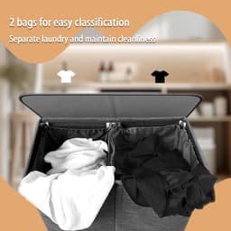 Wasmand met deksel-wasmand 2 vakken- uitneembare waszak - 2 compartimenten - opvouwbaar ontwerp - geschikt voor slaapkamer of badkamer - grote inhoud met handvat - grijs - 50x60x35cm — thumbnail 3