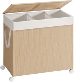 Furnstar HOME Wasmand met 3 vakken - Wasverzamelaar 140 l - Wassorteerder op wieltjes met deksel - Waszak met handgrepen - Rotan-look - Voor bijkeuken en badkamer - Beige/Wit — thumbnail 1