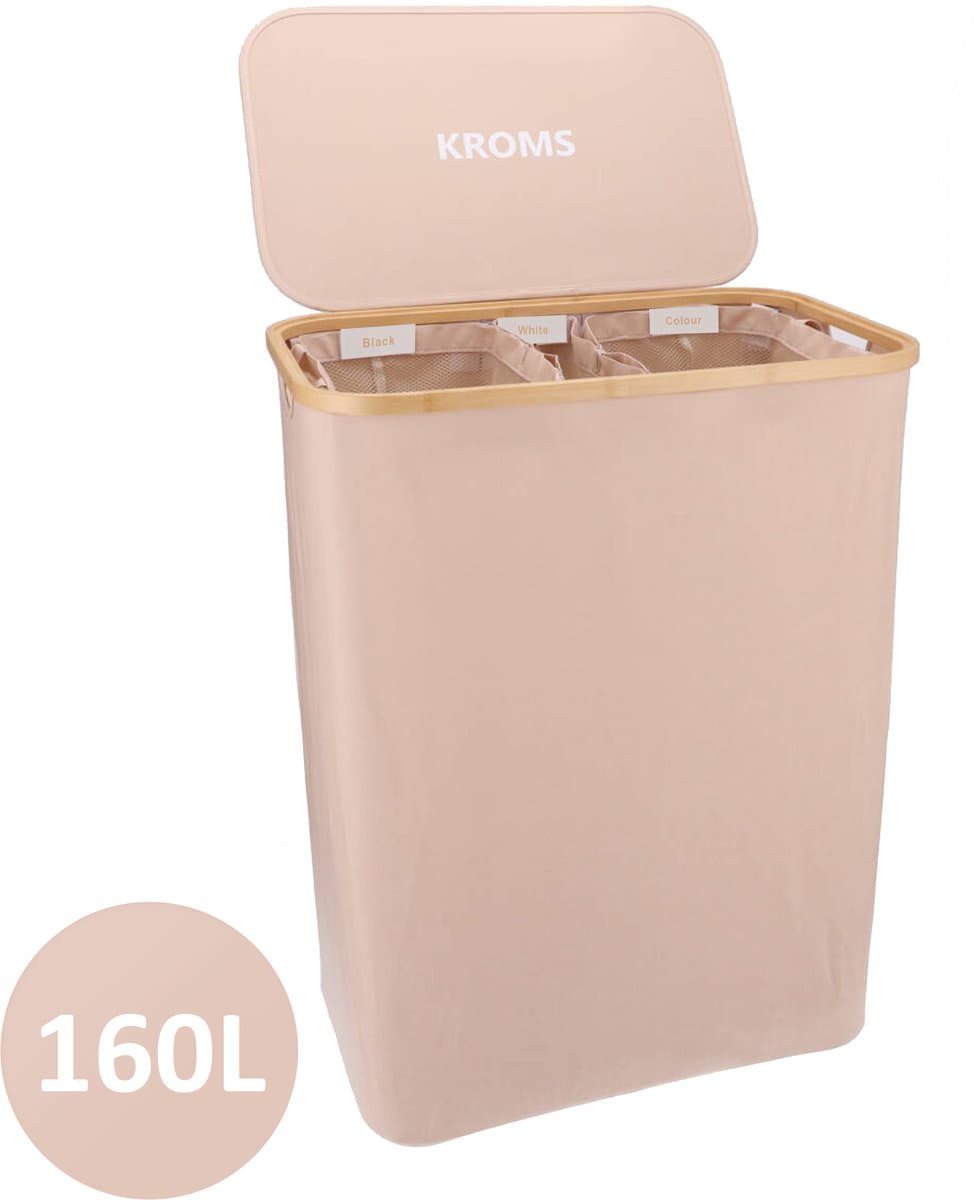 KROMS Wasmand 3 vakken - Zand - 160L - Extra groot model - Inclusief NL & EN Labels – Wassorteerder bamboe - Laundry basket - Wasmand met deksel - Opvouwbaar — afbeelding 1