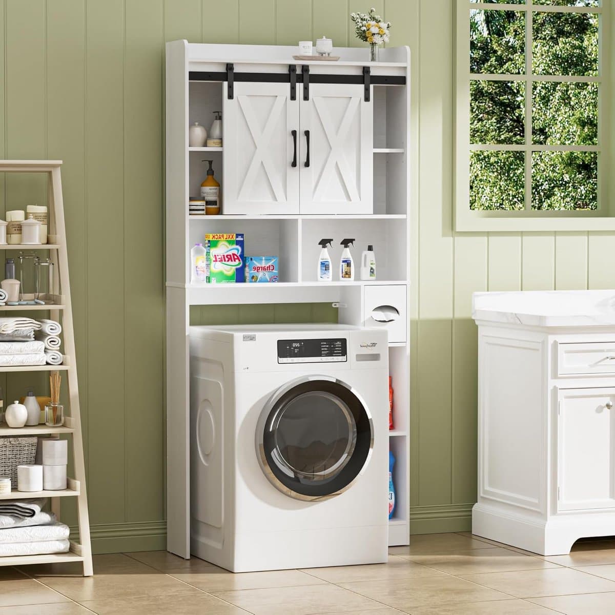 Wasmachinekast met Schuifdeuren en Opbergvakken voor Badkamer en Bijkeuken — afbeelding 1