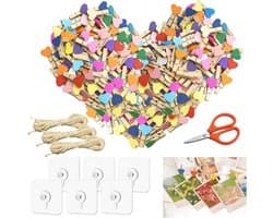 Hartvormige Houten Knijpers - 100 Stuks Mini Wasknijpers met Jute Koord en Zelfklevende Haken