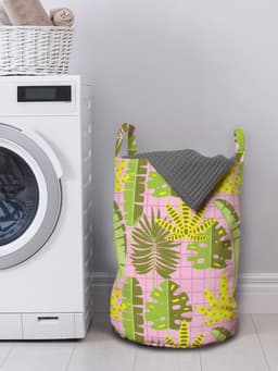 ABAKUHAUS Exotische waszak, Tropische bladeren op ruitpatroon, Wasmand met handvatten, Trekkoordsluiting, Voor wasserettes, 33 cm breed x 49 cm hoog, Multicolor — thumbnail 3
