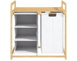 Wasmand, 4-vaks wasopslagdoos, met 2 uittrekbare en afneembare waszakken, met opbergrek, wasmand met handgrepen, geschikt voor slaapkamer, woonkamer, toilet, 70 x 36 x 70 cm, houtkleur, bamboe