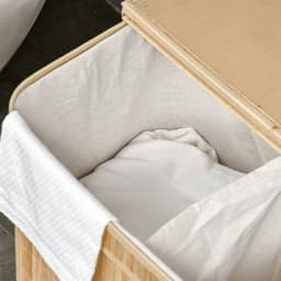 Wasmand, opbergmand, speelgoedopslag, kledingopslag, met deksel en handgrepen, 2 vakken, met afneembare stofzak, geschikt voor woonkamer, slaapkamer, badkamer 54,2 x 35,2 x 59,5 cm hout kleur bamboe — thumbnail 5