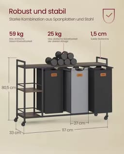 Wasmand 150L met 3 Vakken en Wielen – Metalen Frame met Houten Bovenblad & 2 Zijplanken – Uitneembare Waszakken – Laundry Sorter — thumbnail 3