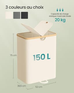 SONGMICS Wasmand met 2 compartimenten, 150 liter, vuile wassorteermachine met deksel, afneembare zakken, voor wasruimte, slaapkamer, woonkamer, crèmewit en natuurlijk beige LCB523W01 — thumbnail 5