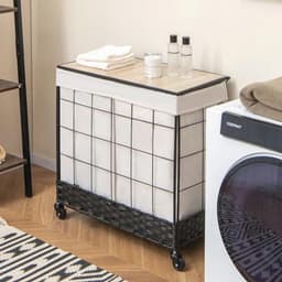 Wasmand met wieltjes en deksel - 130 l, 2 vakken, uitneembaar - Perfect voor badkamer en slaapkamer — thumbnail 5