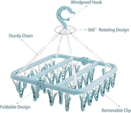 JeiibrZui Ondergoed Kledinghanger - Opvouwbare Wasknijper - 32 Clips Winddichte Hanger Voor Babykleding En Sokken - 1 Stuk - Blauw — thumbnail 4