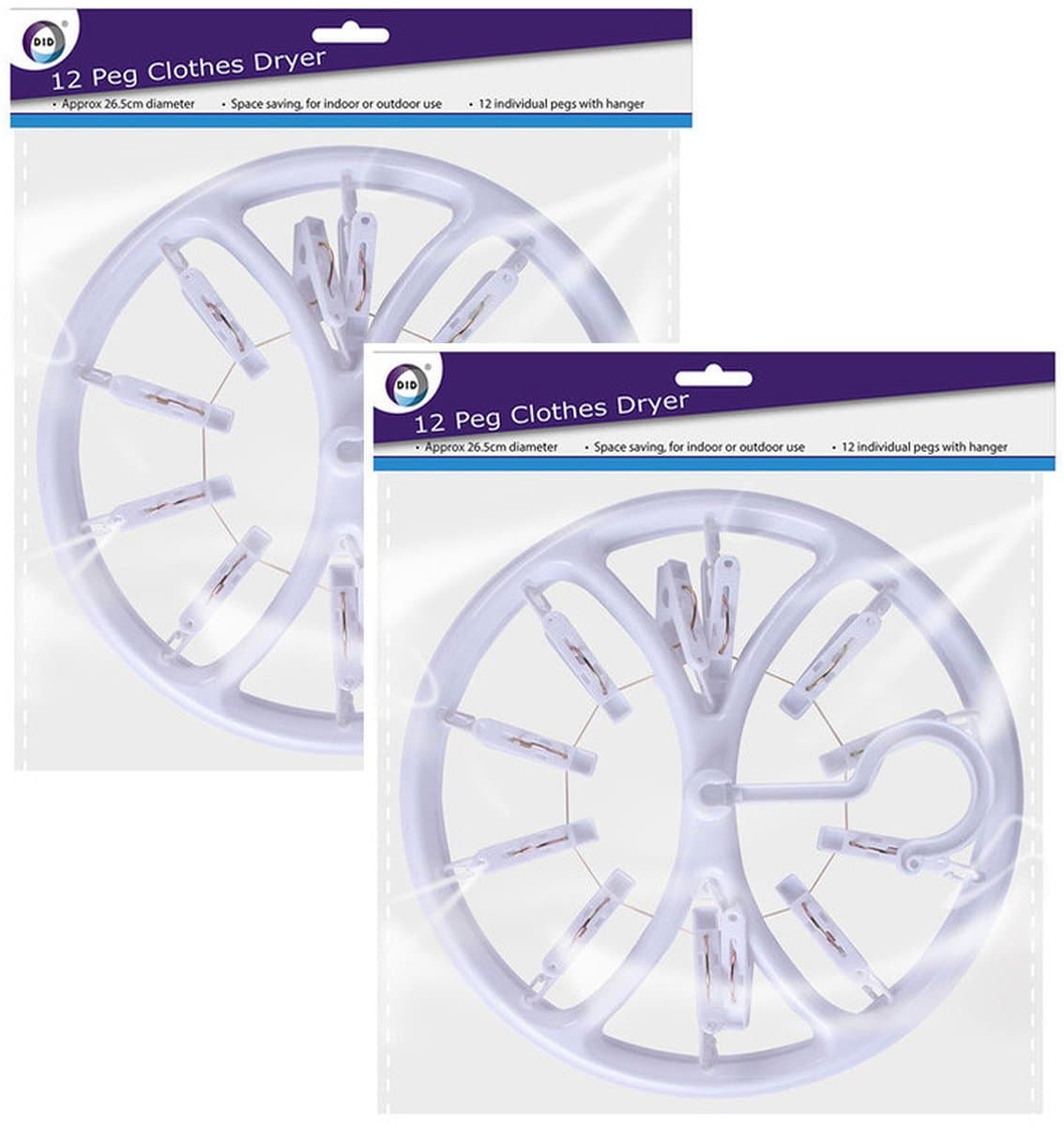 DID Droogcarrousel/droogmolen - 2x - wit - met 12 knijpers - 26,5 cm — afbeelding 1