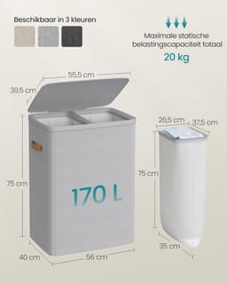SONGMICS Wasmand, 170 L Vuile wasmand, 2 compartimenten, eenvoudige montage, met deksel en handgrepen, uitneembare binnenzakken, 56 x 40 x 75 cm, duifgrijs LCB813G01 — thumbnail 2