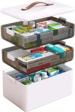 Medicijnbox met 3 lagen ideaal voor huishouden en reizen - Draagbaar met lederen handvat - 34 x 22 x 25,5 cm - Wit. — thumbnail 1