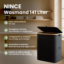 Nince Wasmand - 2 Vakken - 141L - Met Deksel - Wassorteerder - Uitneembare Waszakken - Bamboe - Opvouwbaar - Zwart — thumbnail 3