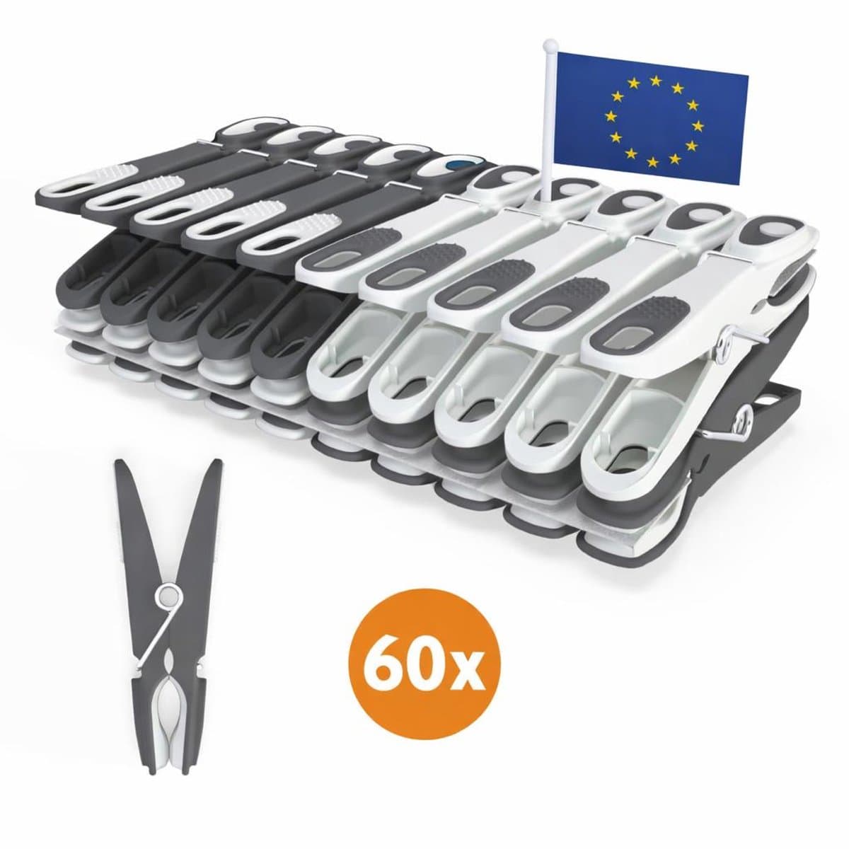 LaundrySpecialist Wasknijpers soft grip - Grijs/wit - 60 stuks - extra lang en stevig - Gemaakt van 85% gerecycled materiaal - wasknijpers plastic - wasknijpers kunststof - knijpers plastic - Made in EU — afbeelding 1