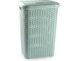 PlasticForte Wasmand met deksel - 60 liter - lichtgroen - rotan - kunststof - L35 x B43 x H62 cm