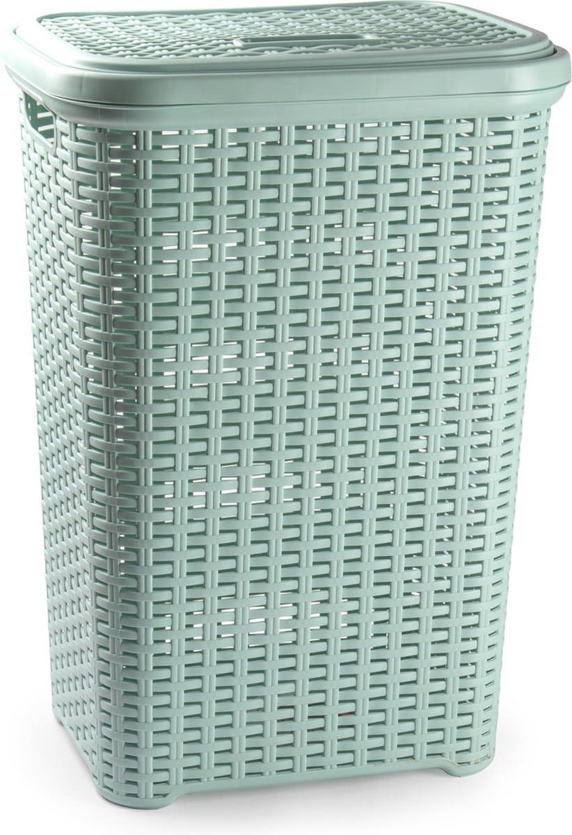 PlasticForte Wasmand met deksel - 60 liter - lichtgroen - rotan - kunststof - L35 x B43 x H62 cm — afbeelding 1