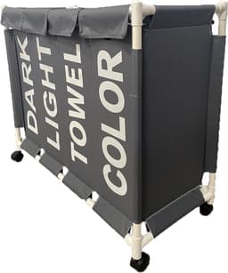 Lowander wasmand met deksel 120 liter - Wassorteerder met 4 vakken - Op wieltjes - Dark Light Towel Color - Wasverzamelaar met zwenkwielen - Grijs / Wit — thumbnail 1