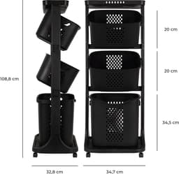 3-in-1 wasmand – Inhoud Grote Mand 38 L - Inhoud Kleine Mand 22 L – Wasbox organizer – Wassorteerder met 3 vakken – Kunststof – Zwart — thumbnail 5