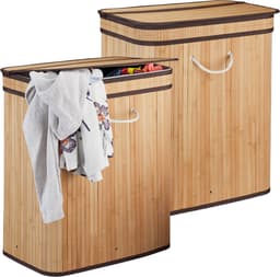 2x wasmand met deksel - 2 vakken - bamboe wasbox - mand voor wasgoed - natuur — thumbnail 1