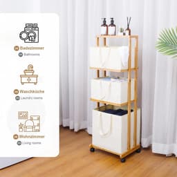 Bamboe Wasmand met Wieltjes - Wasverzamelaar en Badkamerrek - 4 Verdieningen en 3 Opbergmanden - 121x34x42cm - 50kg belastbaar — thumbnail 2
