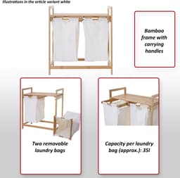 Wasmand MCW-B83, wassorteerder Wasmand, bamboe 2 compartimenten 74x64x33cm 70l ~ wit — thumbnail 3