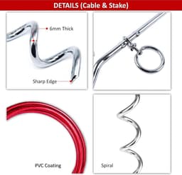Grondanker hond - 18 meter Hondenkettingen voor buiten - Hond Tie Out Kabel - Heavy Duty Ground Spike Stake - Hond Tether Outdoor - Hond Camping Accessoires - Kabel & Spel - 6 ft - Rood Grondanker hond — thumbnail 3