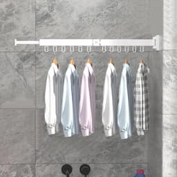 Intrekbaar wandmontage droogrek voor kleding met haken - wit - voor balkon en terras — thumbnail 1