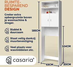 Casaria Wasmachinekast Neapel – 3 Legplanken en 2 Deuren – 185x63x20cm – Wit — thumbnail 2