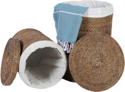Rotan wasmand – Ronde wasbox met deksel en binnenzak – Opbergmand – Cleo Bruin — thumbnail 3