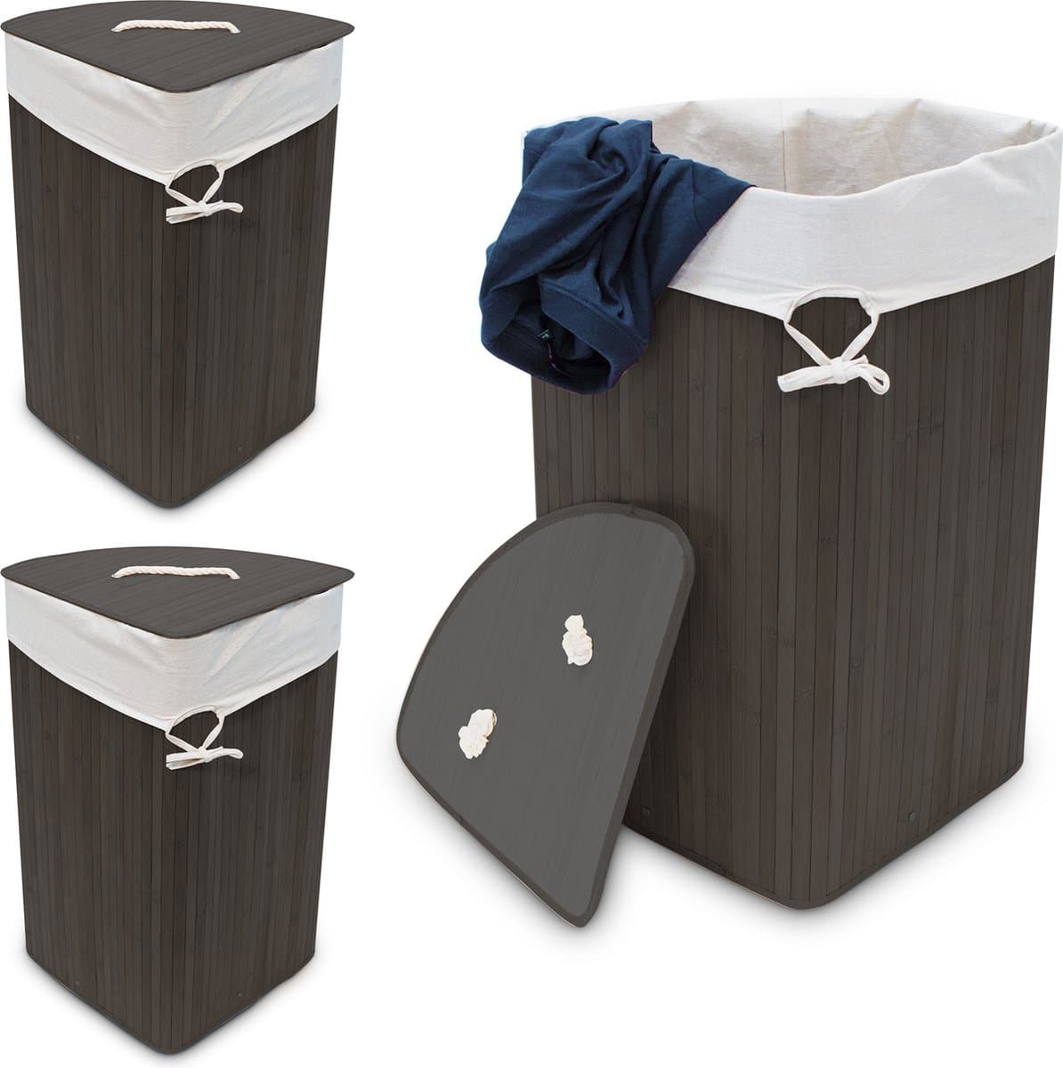 3x wasmand hoekmodel bamboe - 60 liter - deksel - zwarte wasbox - driehoekig — afbeelding 1