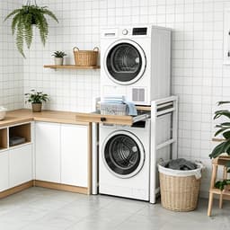 Witte Wasmachine Rek met Uittrekbare Handdoekhouder - Was-/Droogkast, Opbergruimte Boven de Wasmachine, 300 kg Laadvermogen, Vrijstaand. — thumbnail 4
