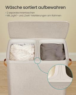 Songmics wasmand, 170 liter, 2 compartimenten, met deksel en handvatten — thumbnail 5
