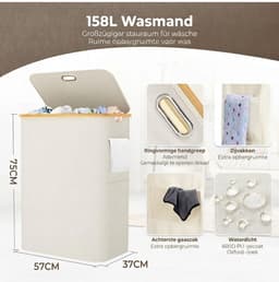 Wasmand - 158L - Wasmand 3 Vakken - Wasmand met Deksel - Beige - 57cm x 37cm x 75cm — thumbnail 5