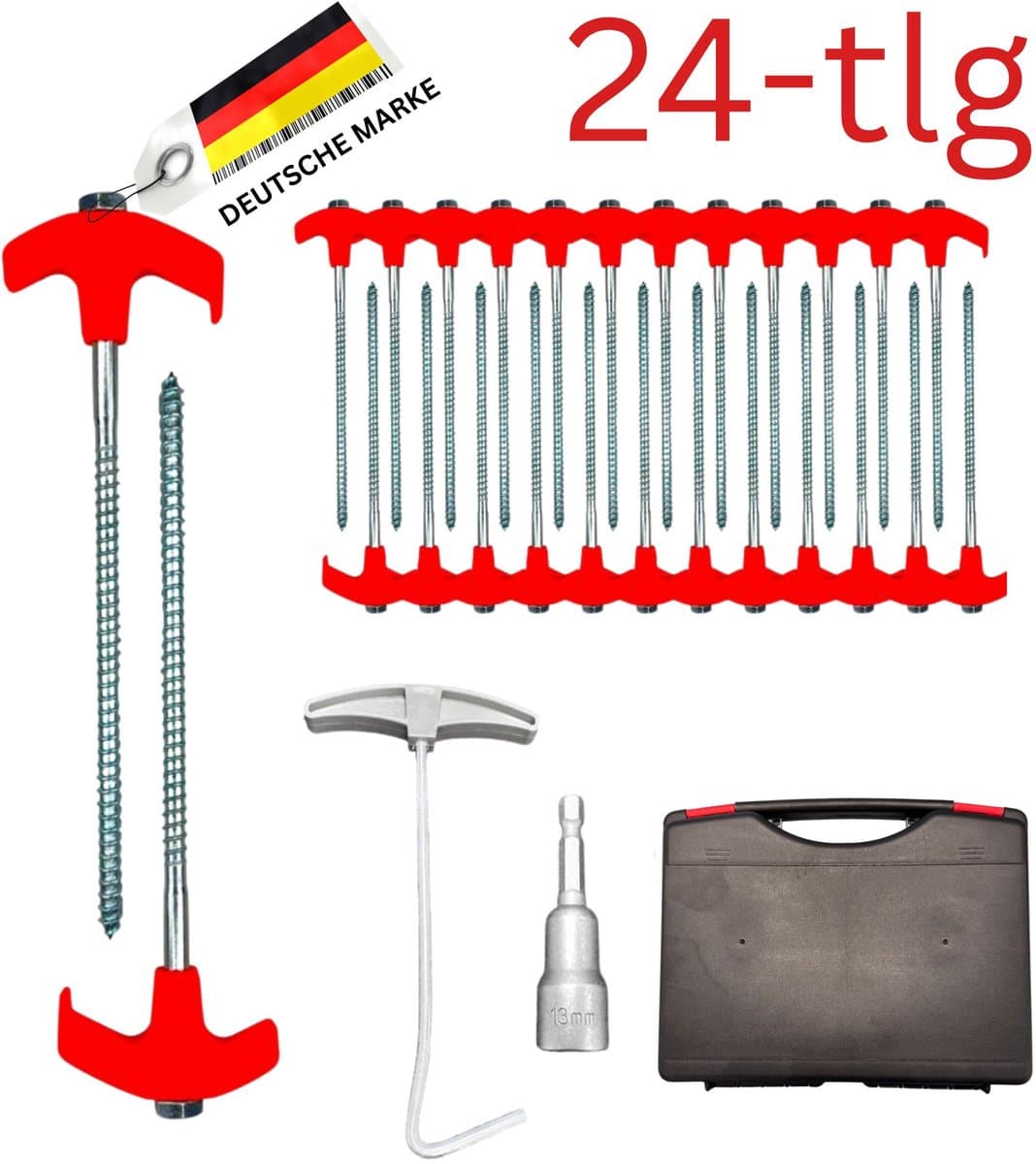 FAMEX 24-delige Schroefharing Set 20 cm met Booradapter, Uithaak en Opbergbox, Robuuste Stalen Tentharingen voor Camping — afbeelding 1