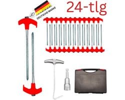 FAMEX 24-delige Schroefharing Set 20 cm met Booradapter, Uithaak en Opbergbox, Robuuste Stalen Tentharingen voor Camping