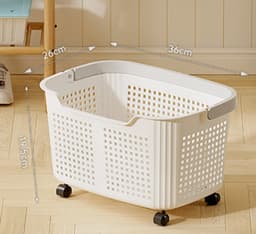 Wasmand - Wasmand met wielen - Wasbox - Wasmand badkamer -Opbergmand - Wassorteerder - Kunststof Wasbox - Wasmand voor Badkamer, Slaapkamer, Wasruimte - 36 x 26 x 19,5 cm - Crèmewit — thumbnail 5