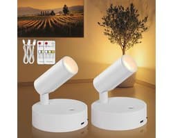 Led-spots, accu, wandlamp, binnen, wit, 2 stuks, USB-wandlamp, oplaadbaar, met afstandsbediening, 3 kleuren, spotlight, led-wandspots, schilderijverlichting, draadloos, voor plantenspots
