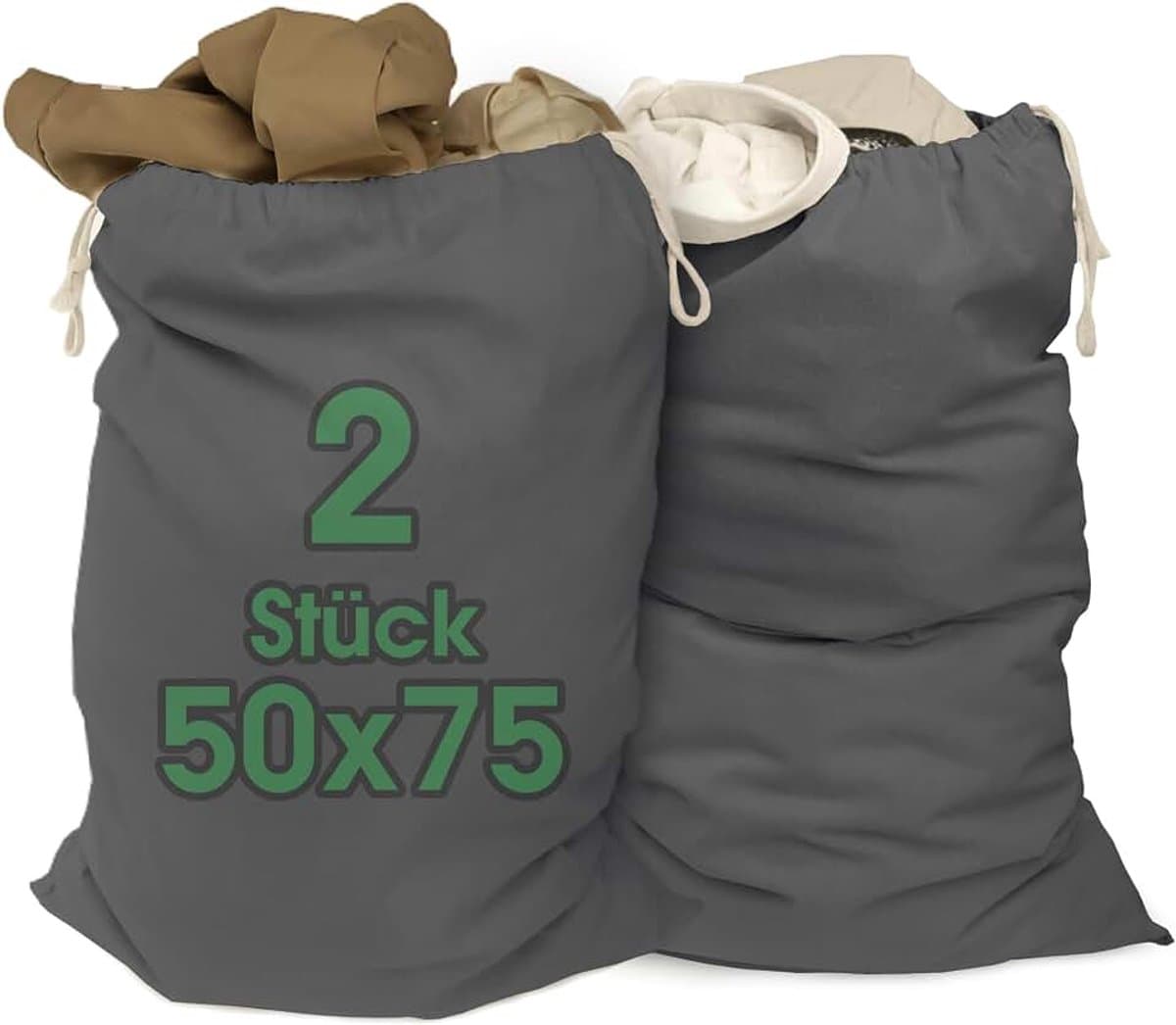 Waszakken 50 x 75 cm van 100% katoen - extra grote waszakken - duurzaam, met trekkoord, wasverzamelaar wasmand kledingzak opslag in grijs — afbeelding 1