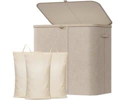Wasmand met Deksel, Grote Opvouwbare Wasmand 3 Vakken met Uitneembare Zakken, Laundry Basket voor Slaapkamer, Badkamer, Studentenhuis en Wasruimte, 145L, Beige
