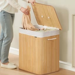 Wasmand, sorteermand met twee vakken, 50x40x61cm, natuurlijke houtkleur, grote capaciteit 120L, bamboe frame draagvermogen 15kg, met afneembare wasbare binnenzak en katoenen handgrepen, opvouwbaar ontwerp voor eenvoudige opslag — thumbnail 3