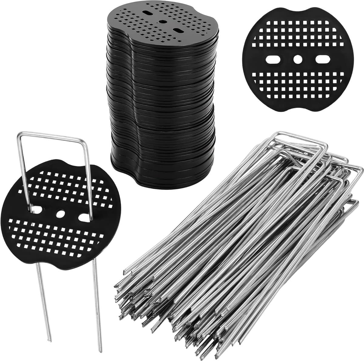 SnelShoppen - Weed Cloth, U-vormige Grondankers, 50 Grondankers + 50 Bufferdiscs, Tuin, Groentetuin, 150 x 40 mm, Galvaniseerd, Sterk en Duurzaam — afbeelding 1