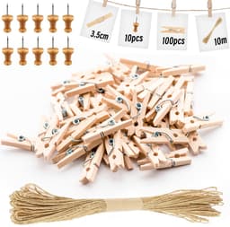 100 Stuks Houten Knijpers 3,5cm, Mini Wasknijpers DIY Geldcadeaus Deko voor Foto's, Kleine Houten Klemmen met 10 Spijkers en 10m Jute Touw voor Fotowand Verpakking Gastcadeau (3,5×0,7cm) — thumbnail 1